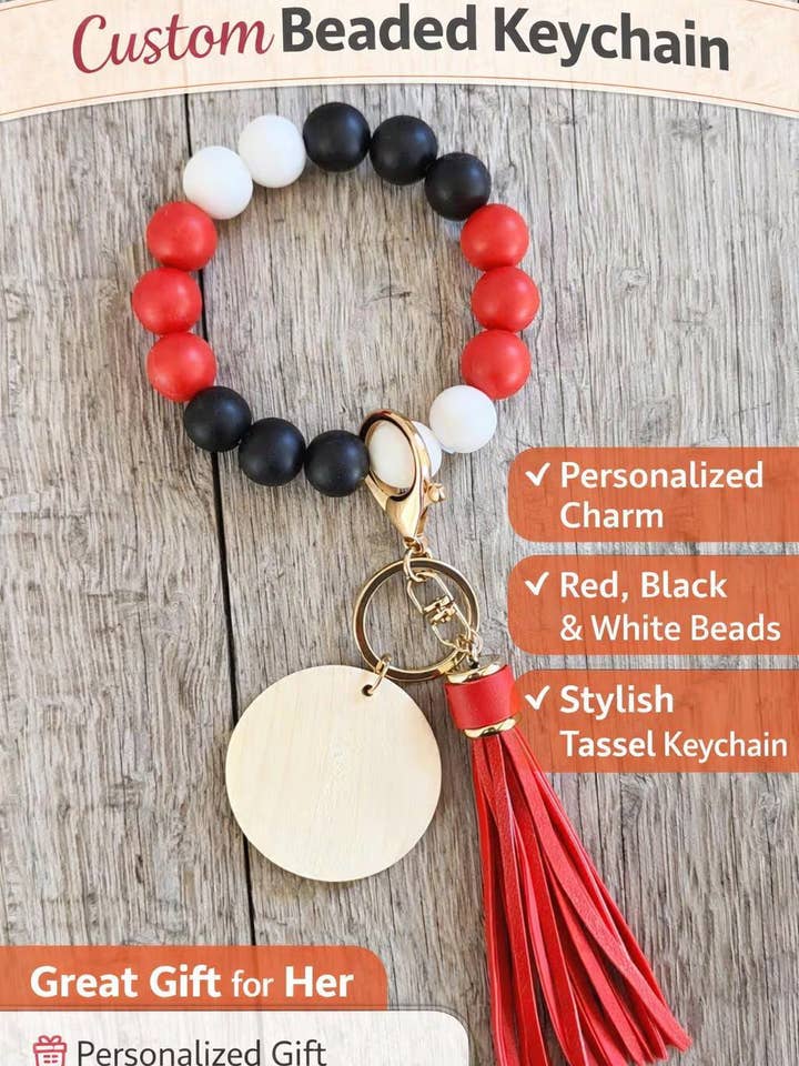 Personalized Beaded Wristlet Keychain | Red Black White Key Ring with Tassel | Custom Wood Charm for wholesale by Crimson and Lace LLC