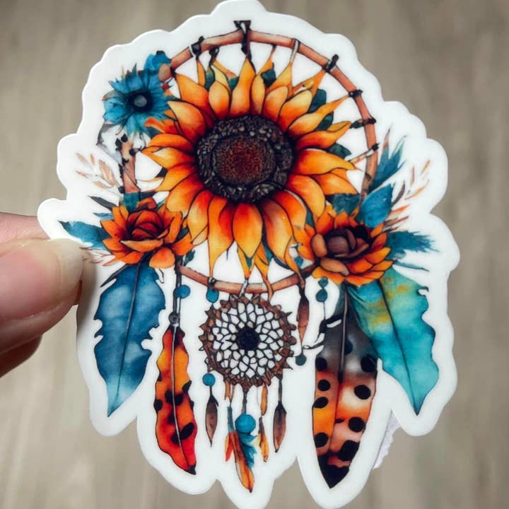 Sunflower Boho Dreamcatcher Die Cut Vinyl Sticker for wholesale by Prairie Chicken Sticker Shop & Gifts