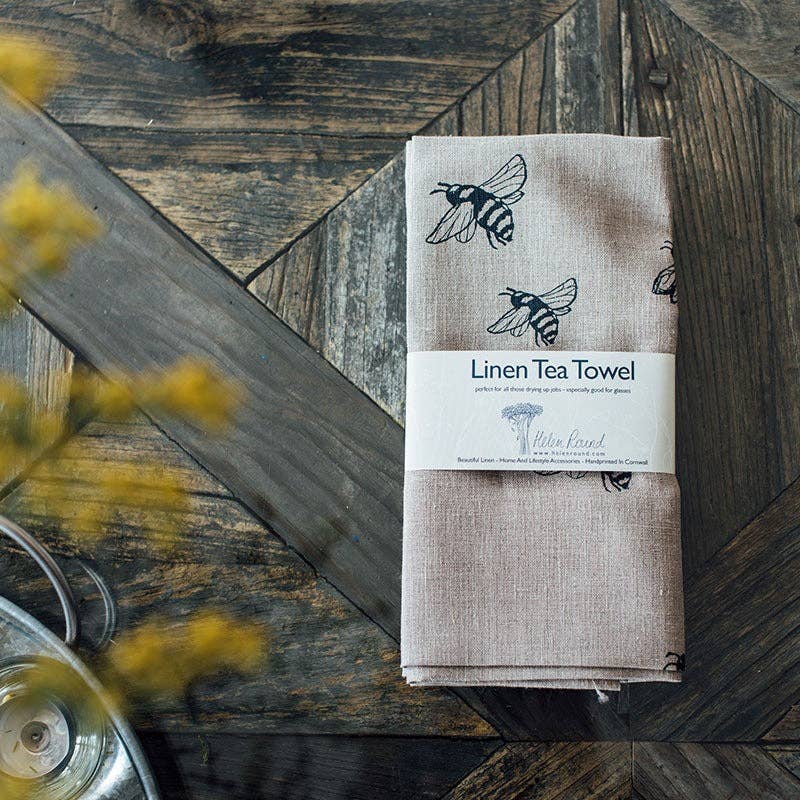 Helen Round - hand printed linen (US Duties Paid) - Wholesale Tea Towel - Linen Tea Towel Hand Printed Bee Design - Kitchen Towel1