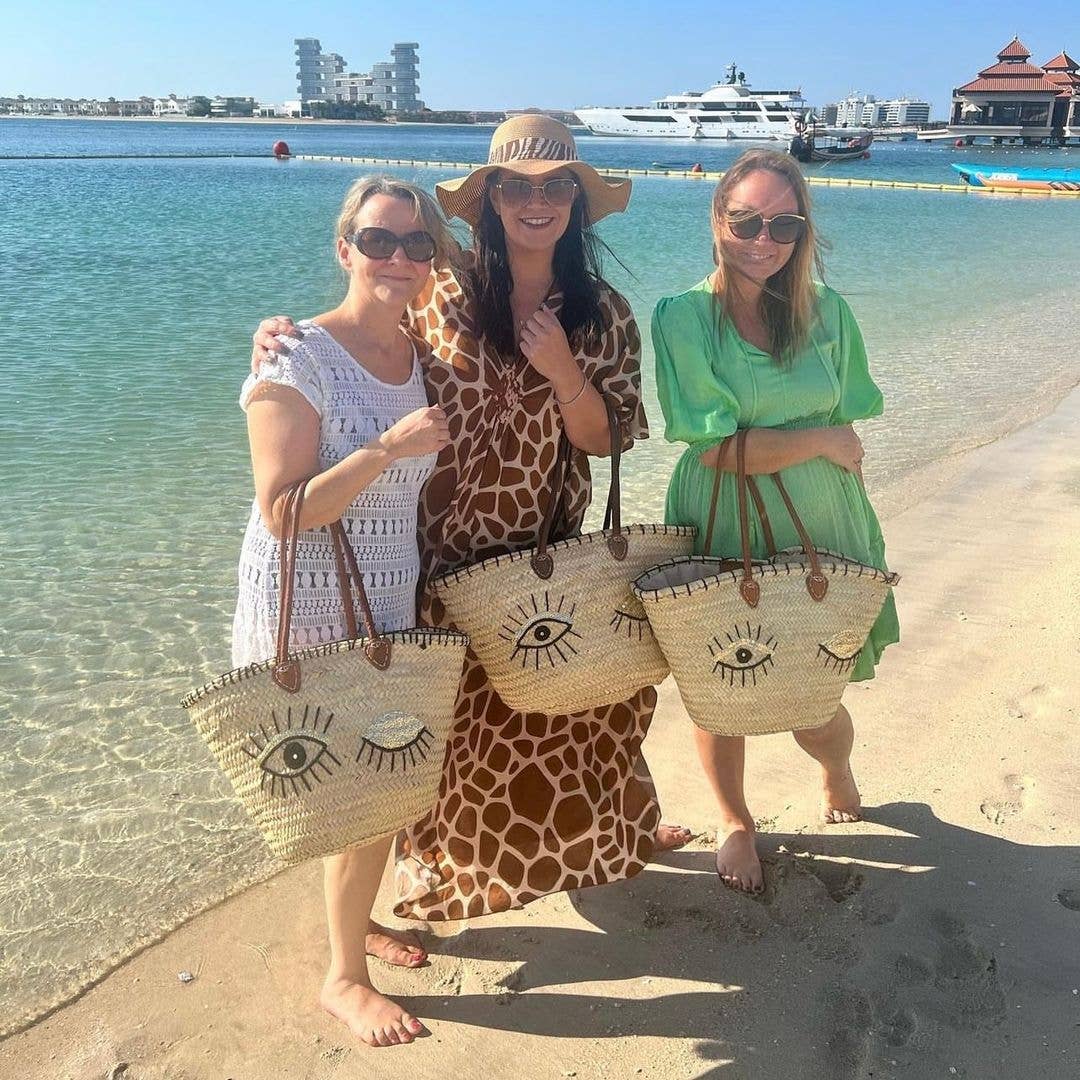 DarKech - Vente Sac de plage - Panier de marché en paille tressée avec poignées en cuir, personnalisé, style marché français2