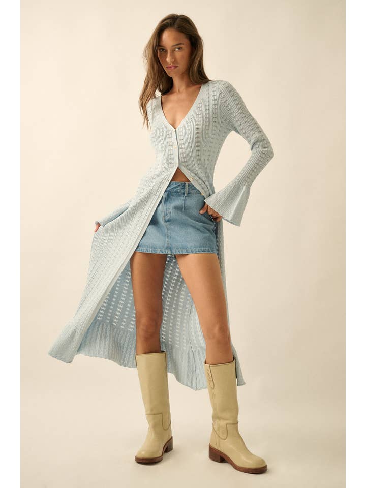 Promesa USA - Wholesale Cardigan - Women's - Pointelle Rib-Knit Trumpet-Sleeve Duster Cardigan