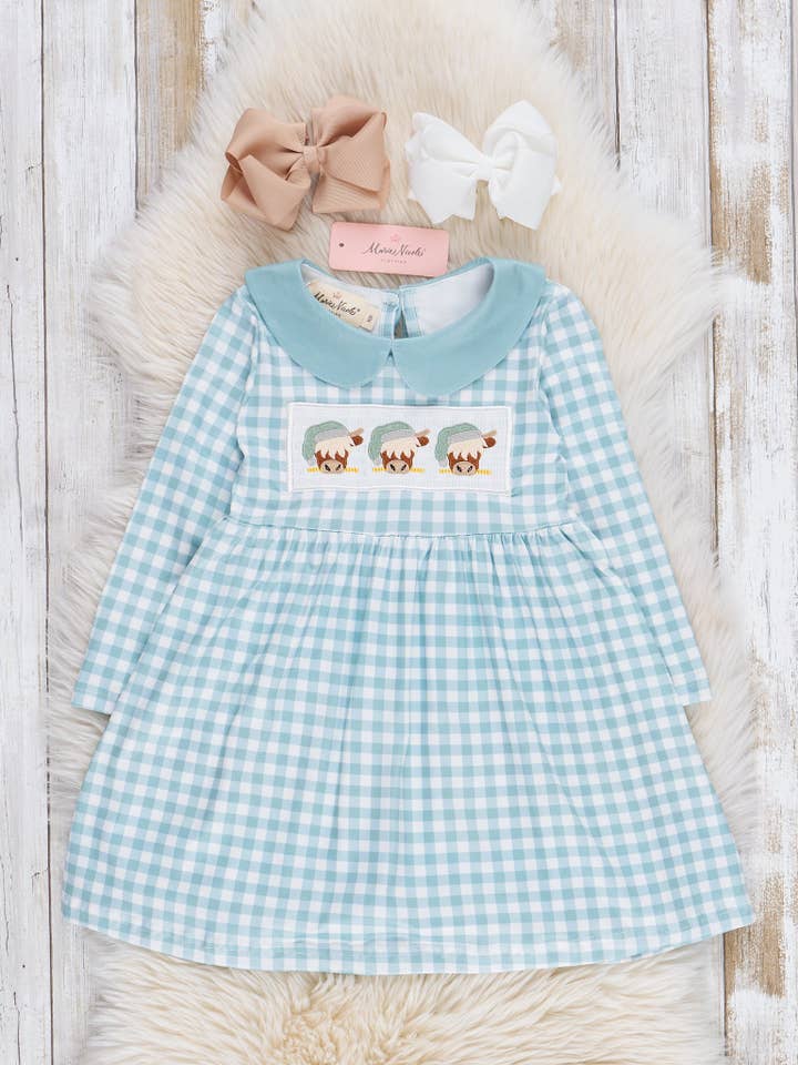 Embroidered Christmas Cow Gingham Dress for wholesale by Marie Nicole Clothing