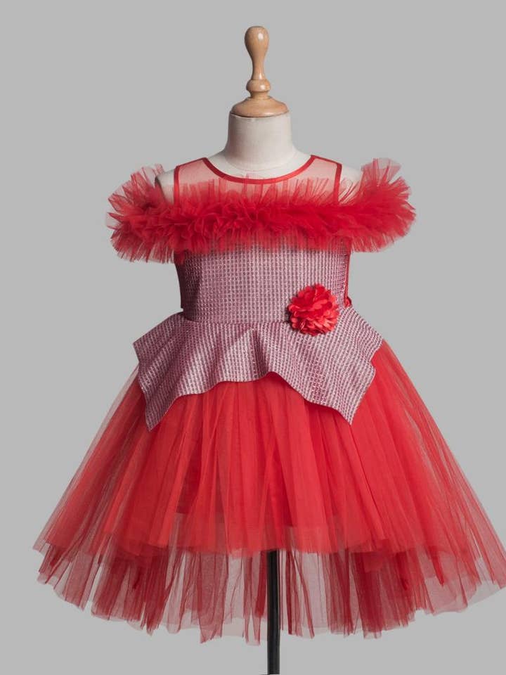 Girls Red Tulle High-Low Holiday Dress for wholesale by MySquareFeetHome Kids