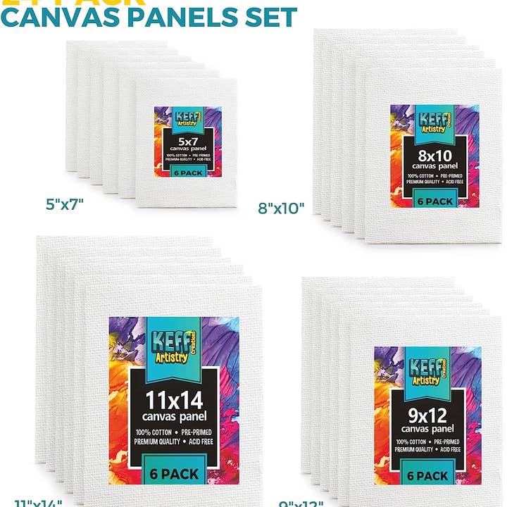 Keff Creations - Wholesale Painting Paper - Canvases for Painting - 24 Pack Art Paint Canvas Panels Set Boards - 5x7, 8x10, 9x12, 11x14 Inches 100% Cotton Primed Painting Supplies for Acrylic, Oil, Tempera & Watercolor Paint