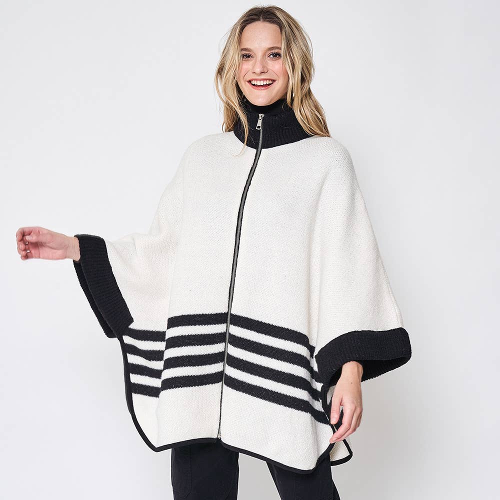 Sensibling Corp. - Wholesale Poncho - Women's - Sporty Bordered Zip Up Knit Cape Poncho11