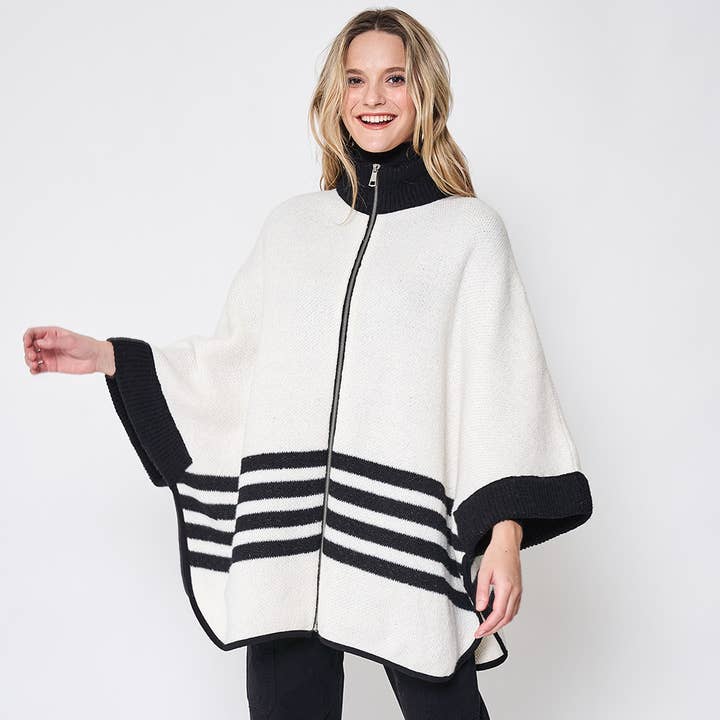 Sensibling Corp. - Wholesale Poncho - Women's - Sporty Bordered Zip Up Knit Cape Poncho11