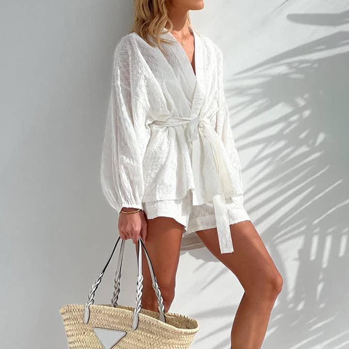 White Jacquard Weave Waisted Kimono Two Piece Set for wholesale on Faire13