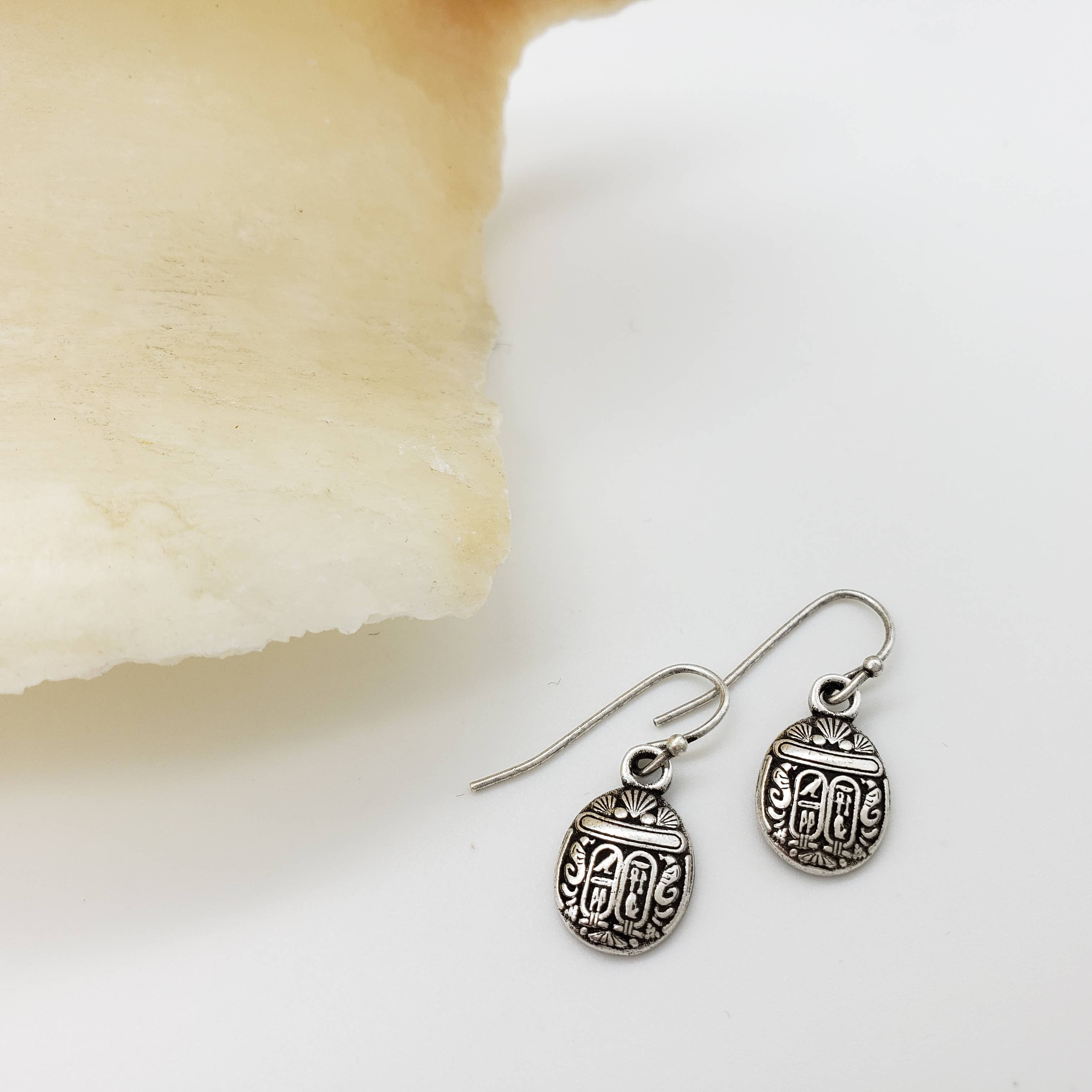 Discoveries, Inc. - Wholesale Dangle Earrings - Egyptian Scarab Earrings - Mini, antiqued silver5