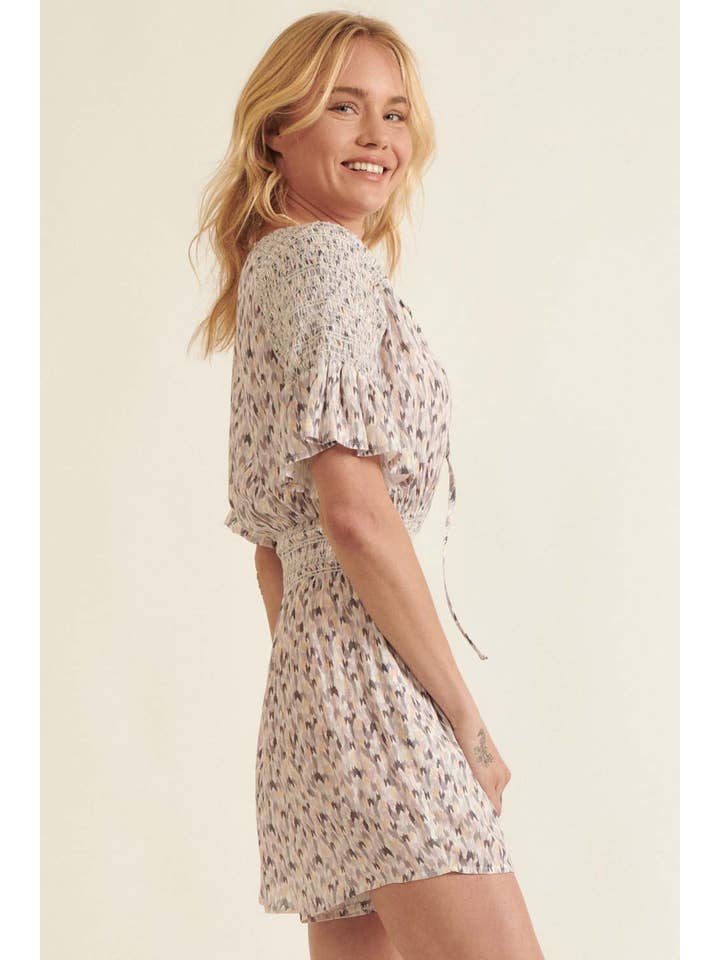 Grey Lavender Abstract-Print Ruffle Smocked-Sleeve Pocket Romper for wholesale on Faire