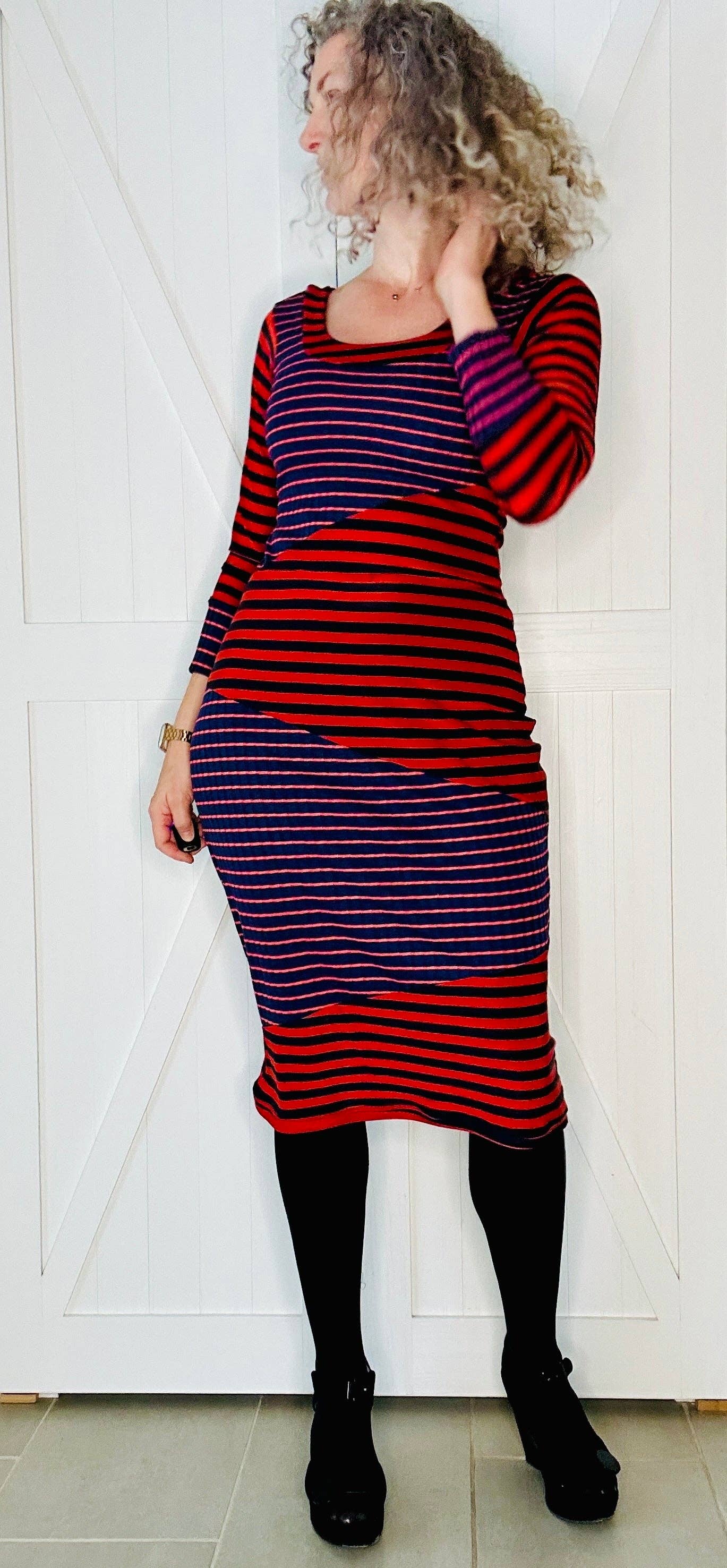 Aerial Clothing sRQ - Wholesale Dress - Women's - Red and Navy Striped Pencil Dress2
