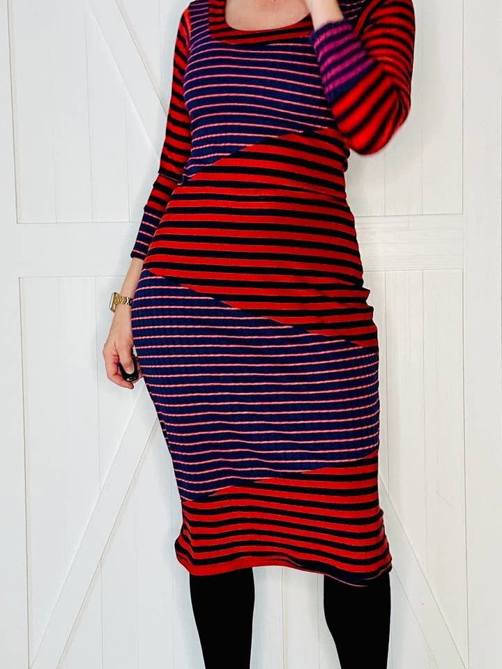 Aerial Clothing sRQ - Wholesale Dress - Women's - Red and Navy Striped Pencil Dress2