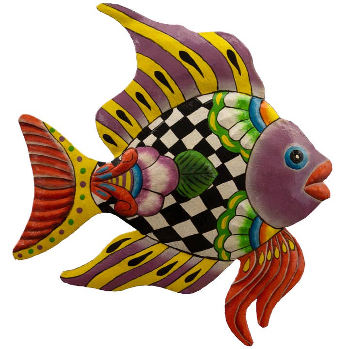 Painted Tropical Checker Fish for wholesale by Le Primitif Galleries