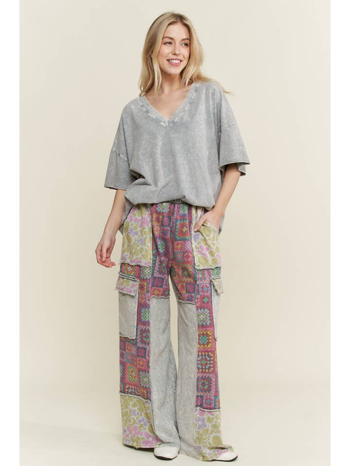 J.Her - Wholesale Pants - Women's - MineralWash Boho Crochet Floral Printed Pants HP575812