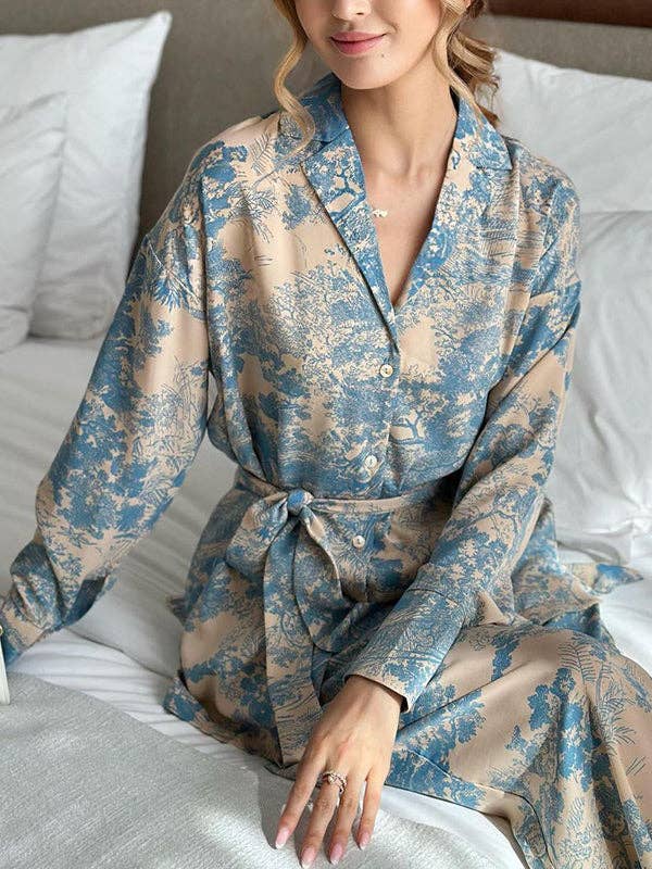 BLUE Long Sleeves Buttoned Printed Tied Waist Notched Collar Shirts Top + High Waisted Pants Bottom Two Pieces Set for wholesale on Faire9