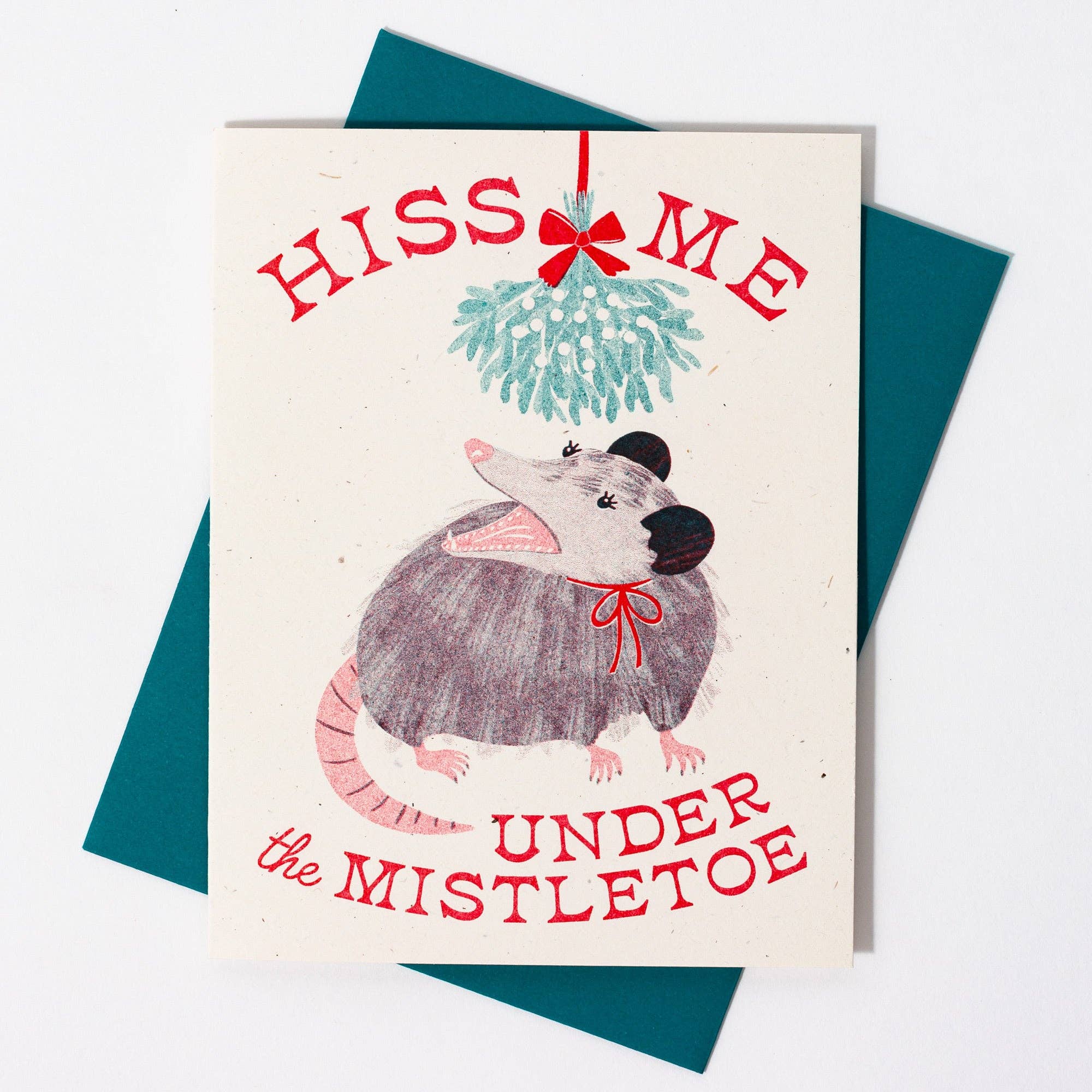Bromstad Printing Co. – wholesale Christmas card – Hiss Me Under the Mistletoe - Risograph Christmas Card3