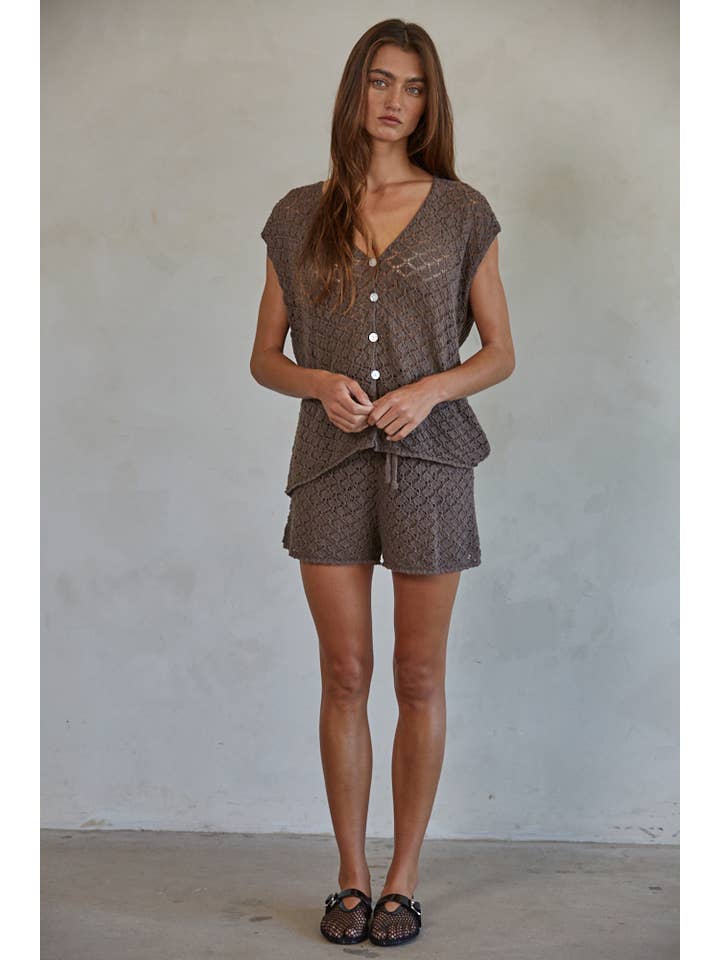 Chocolate W1883 | Knit Sweater Cotton Buttondown V-Neck Sleeveless See for wholesale on Faire