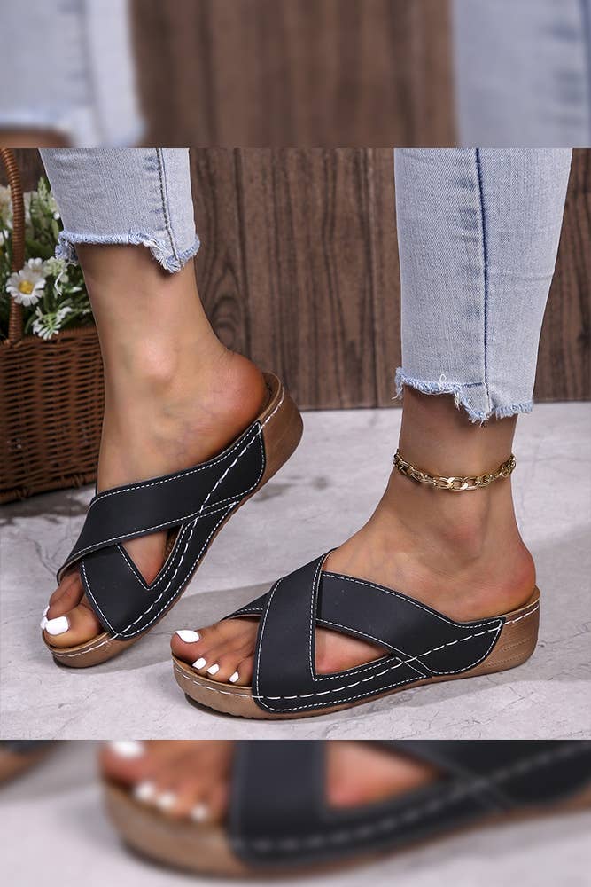 UNISHE – wholesale Sandals – Women's – Plain Crossed Straps PU Flat Slippers ZK16837