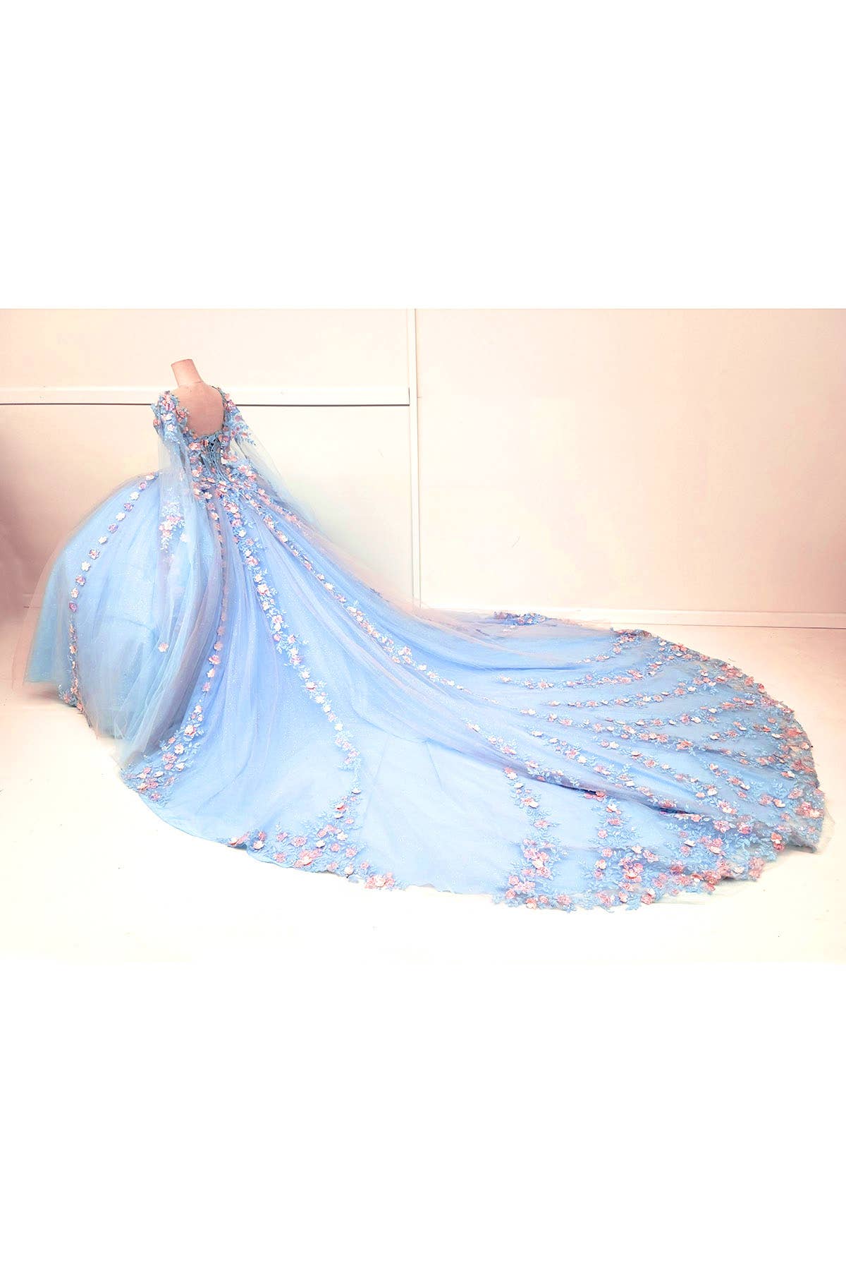Baby Blue Quinceanera Dress With Pink Flowers and Cape CHF3117 for wholesale on Faire2