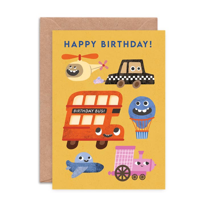 Transport Faces Birthday Card | Children's Greeting Card for wholesale by Emily Nash Illustration Greeting Cards