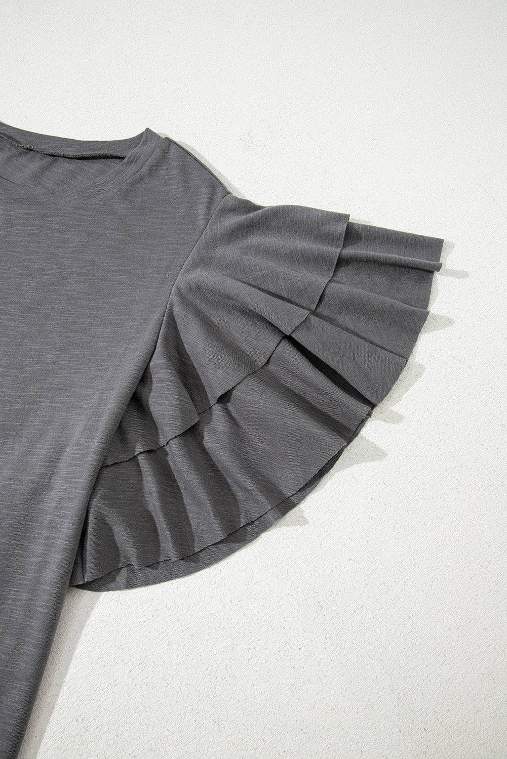 Dark Grey Plus Size Solid Layered Ruffle Short Sleeve Top for wholesale on Faire4