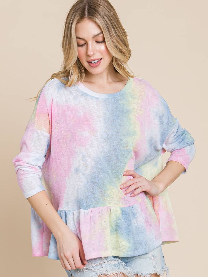 ETK-8208 Tie Dye Babydoll Top for wholesale by Emerald Collection