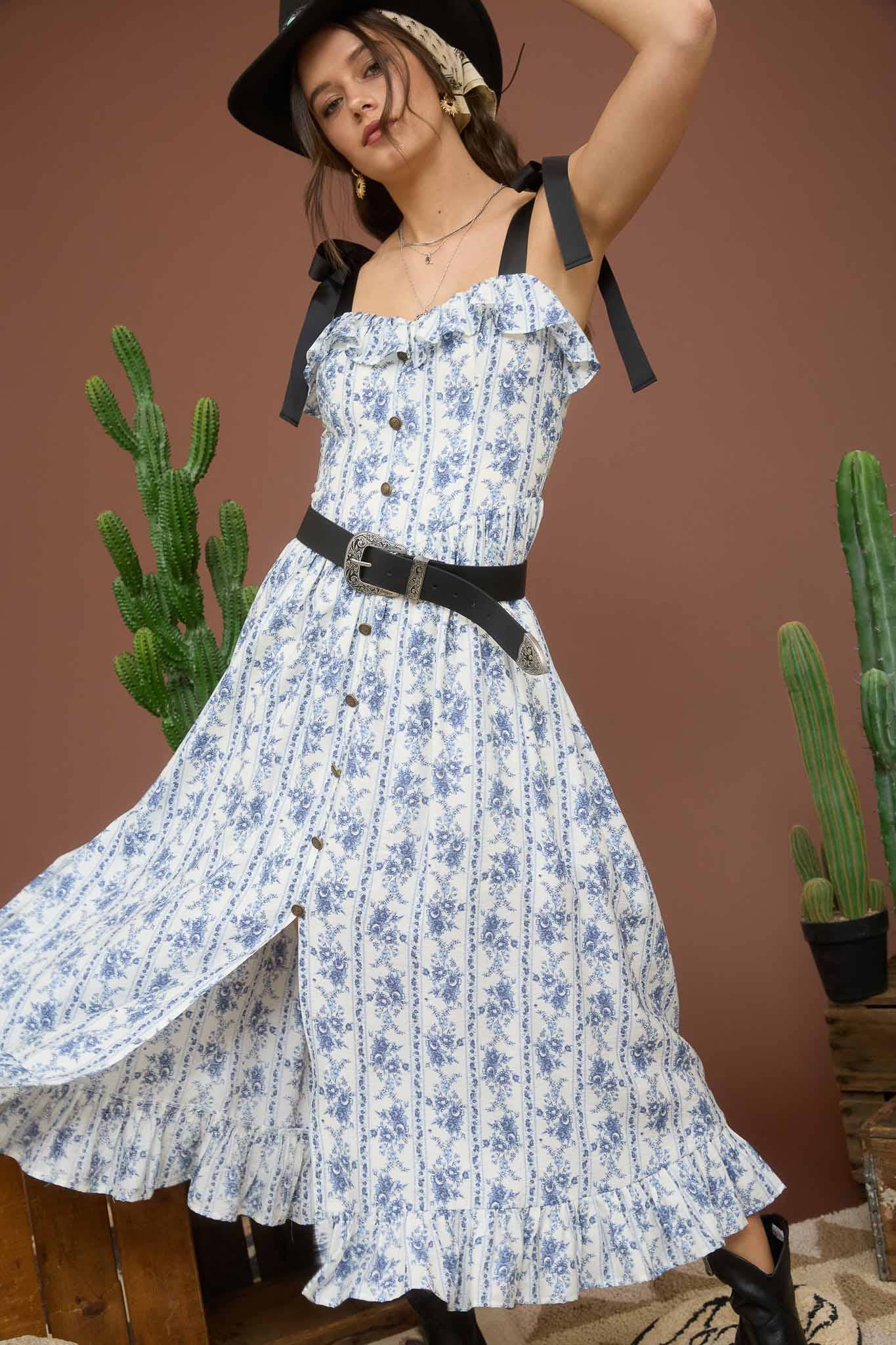 Blu Pepper - Wholesale Dress - Women's - STRIPE FLORAL RUFFLE DETAIL BUTTON DOWN MIDI DRESS4