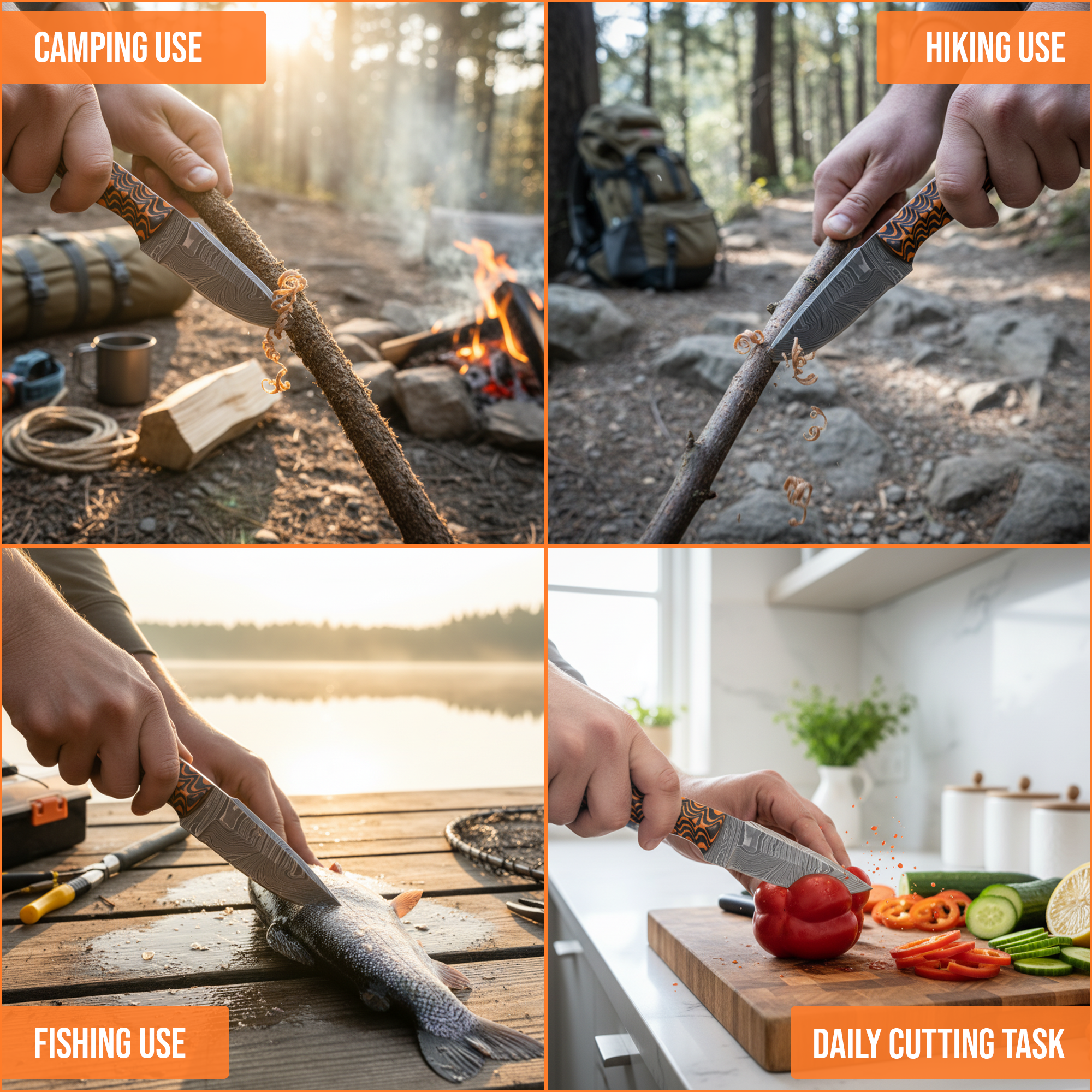 FH KNIVES - Wholesale Pocket Knife/Holder - 8' Damascus knife with leather sheath  Grooved handle4