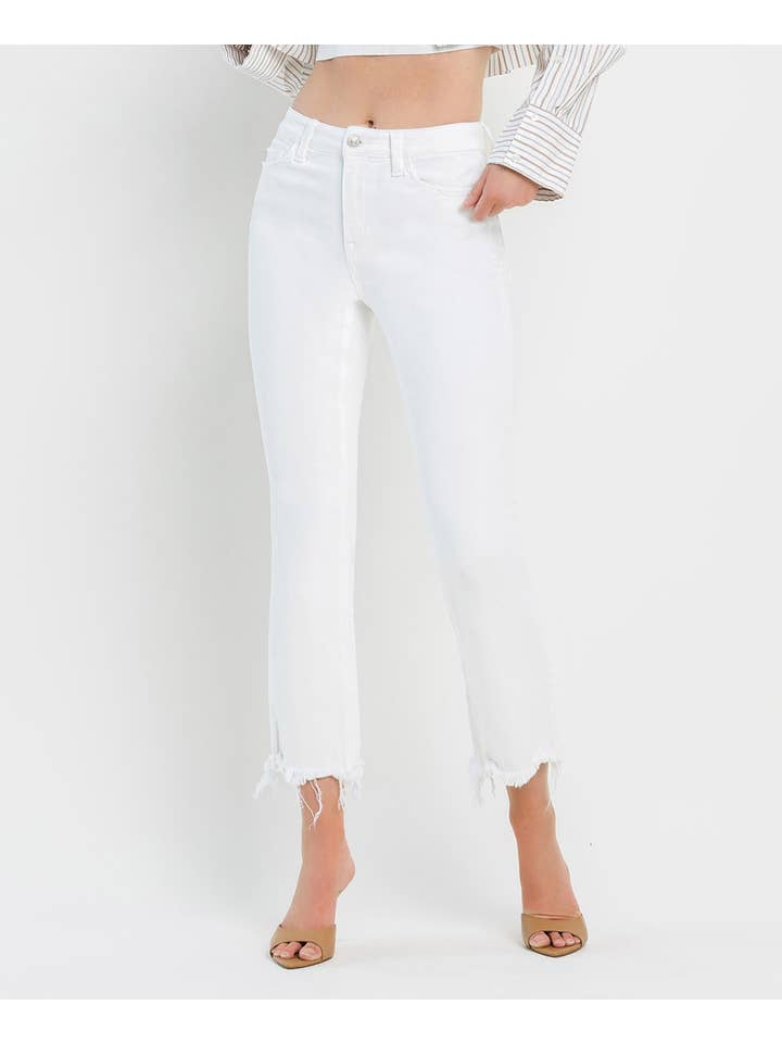 OPTIC WHITE HIGH RISE UNEVEN RAW HEM CROP FLARE JEANS T6348WH for wholesale on Faire