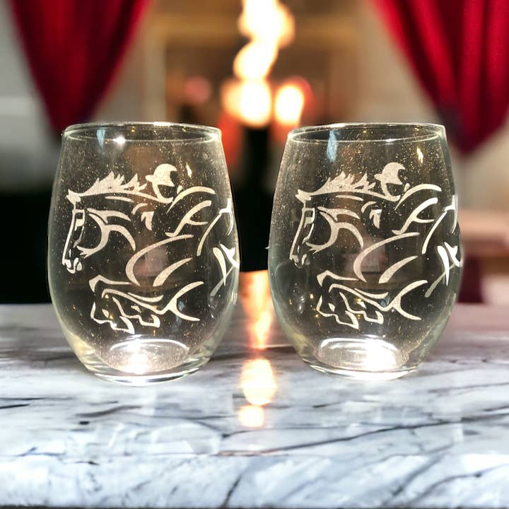 Etched glassware with horse jumping design, wine or rocks for wholesale by The Krafty Equestrian