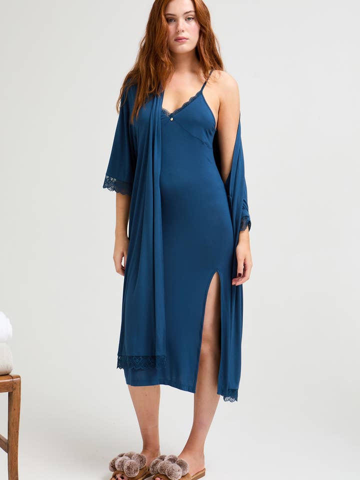 Bamboo Lace Midaxi Chemise in Teal for wholesale on Faire4