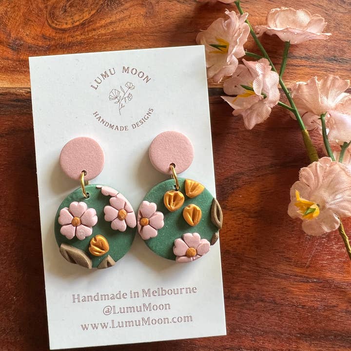 Green and Pink Blossom Earrings - Spring for wholesale by Lumu Moon Handmade Designs