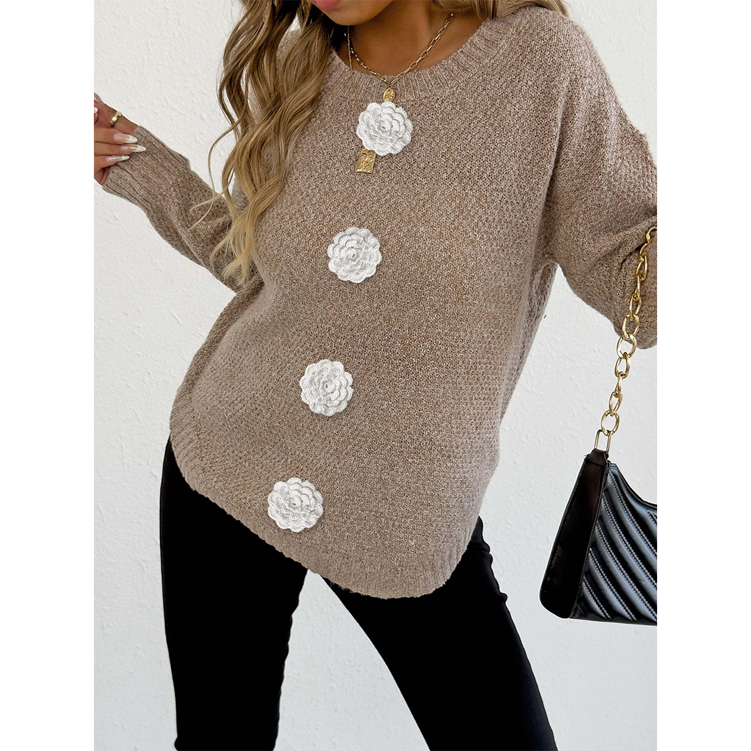 UNISHE - Wholesale Knit Sweater - Women's - Casual Button Crochet Floral Decor Pullover Sweater OYM2451