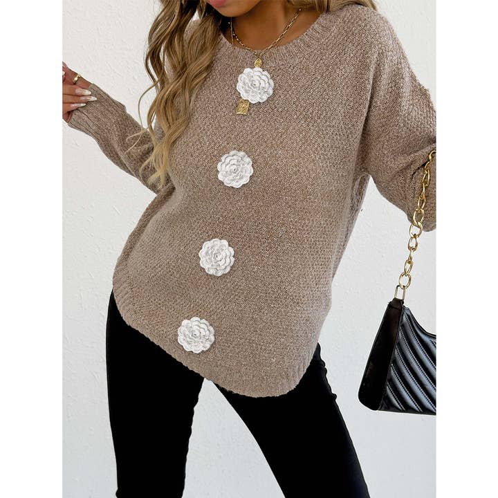 UNISHE – Großhandel Strickpullover – Damen – Lässiger Pullover mit Knopf, Häkelblumen-Dekor OYM2451