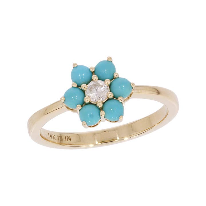 RFB19162TQ. 14K Massief Geelgouden Diamant en Turkoois Bloemenring voor wholesale door Tresor Jewelry Inc.