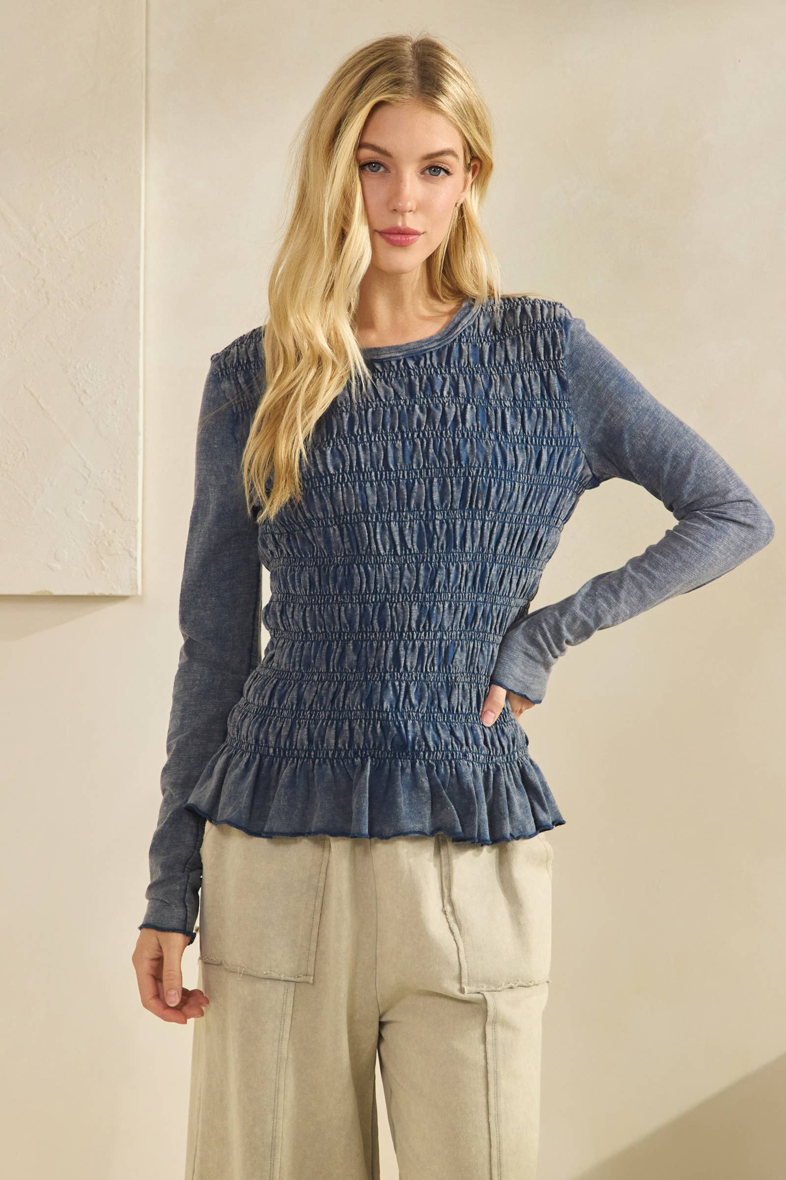Sage + Fig - Wholesale Knit Top - Women's - SMOCKED PEPLUM LONG SLEEVE TOP (ST7986) 10