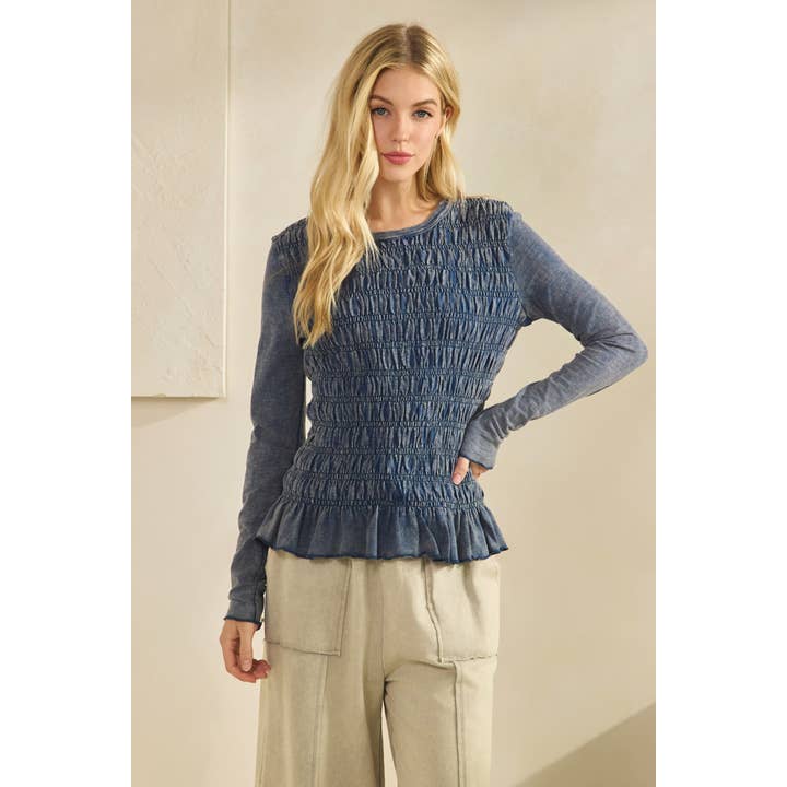 Sage + Fig - Wholesale Knit Top - Women's - SMOCKED PEPLUM LONG SLEEVE TOP (ST7986) 10