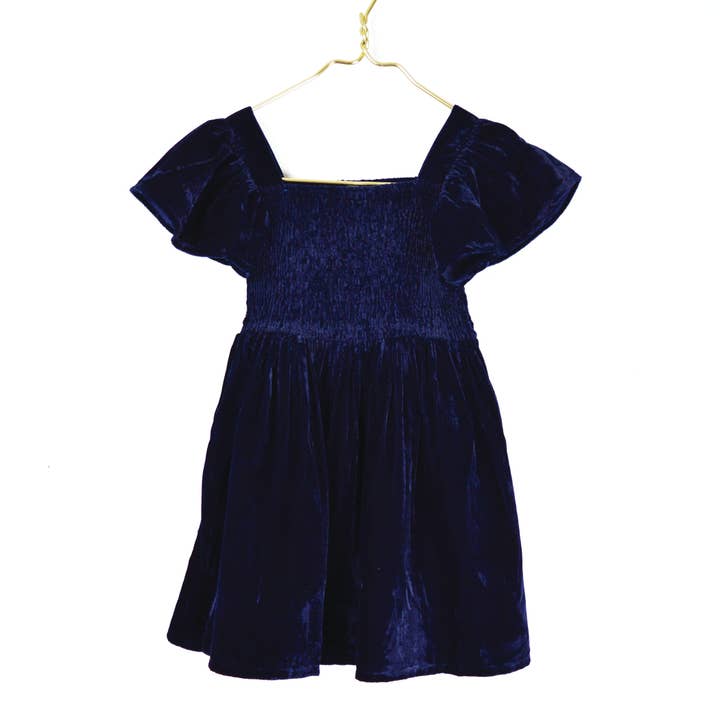 Girl's Navy Velvet Smocked Dress for wholesale by 8 Oak Lane