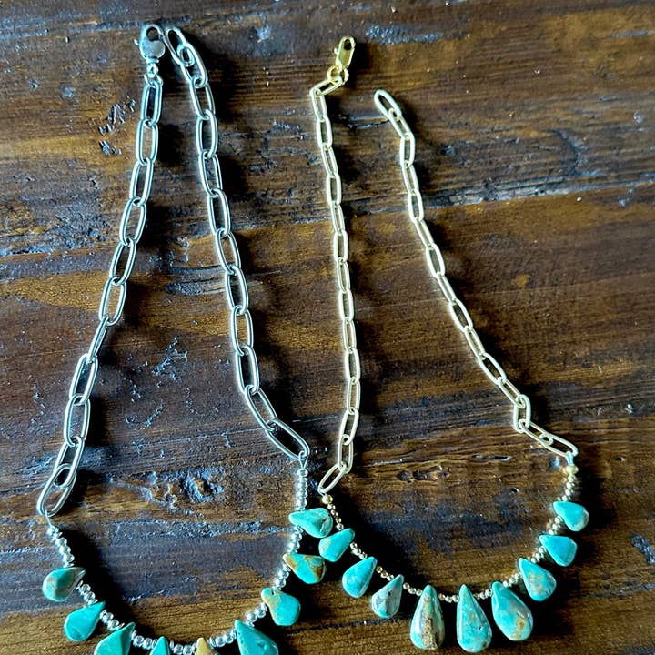 Fleurdesignz Western Jewelry - Wholesale Link & chain necklace - Natural turquoise Briolette Paperclip Chain Necklace/Choker6