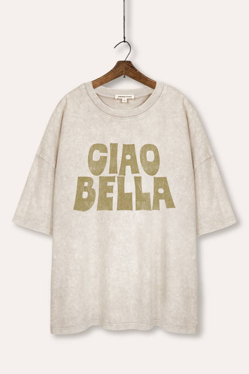 VINTAGE POINT USA - Wholesale T-Shirt (Graphic) - Women's - "CIAO BELLA" GRAPHIC MINERAL WASH OVERSIZED TEE0