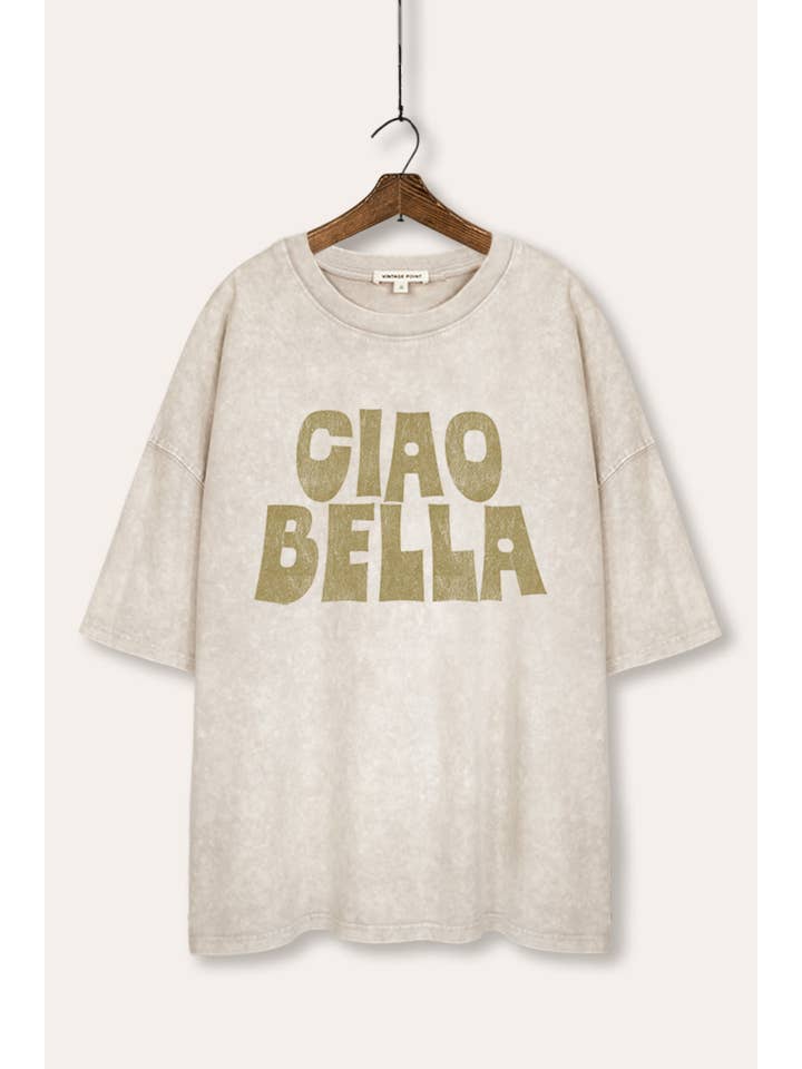 VINTAGE POINT USA - Wholesale T-Shirt (Graphic) - Women's - "CIAO BELLA" GRAPHIC MINERAL WASH OVERSIZED TEE