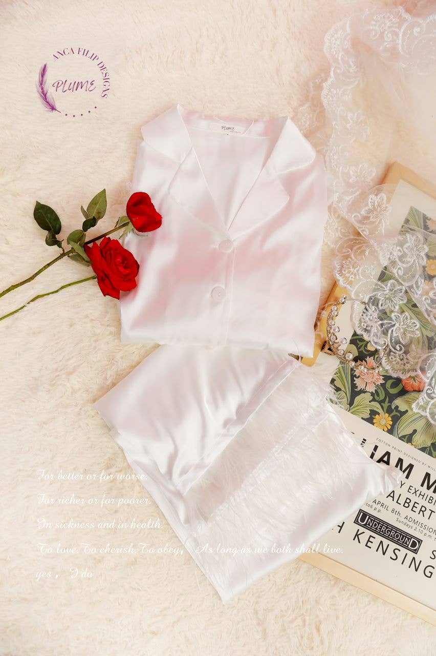 Plume AF Design - Vente Haut et bas de pyjama – femme - Pyjama extensible en satin avec garniture en plumes d'autruche amovible30