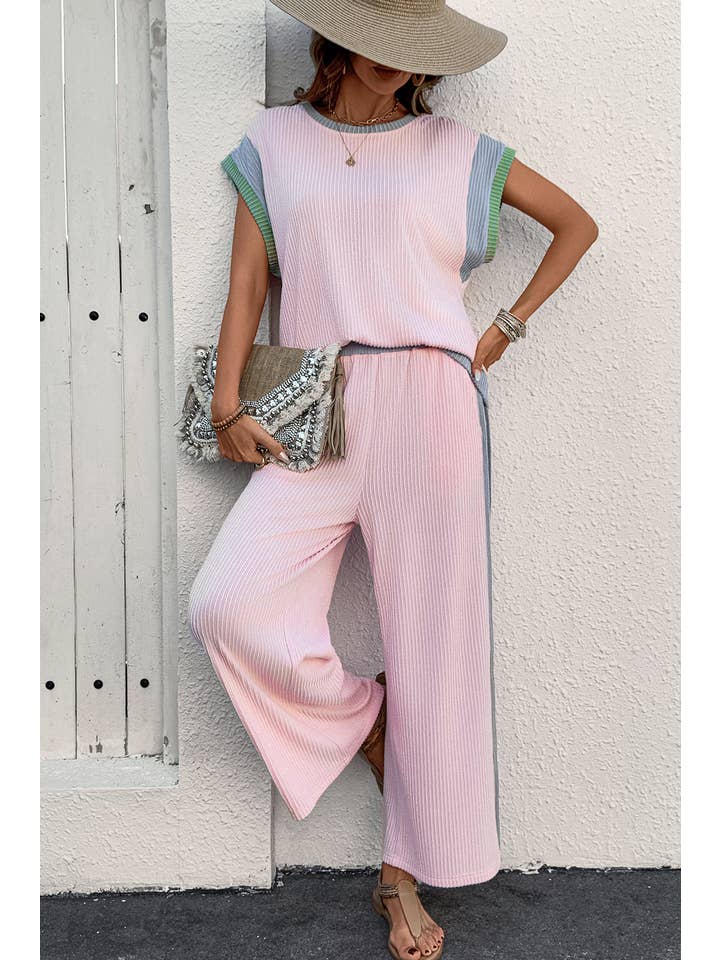 Pink Colorblock Patchwork Short Sleeve Top and Wide Leg Pants for wholesale on Faire