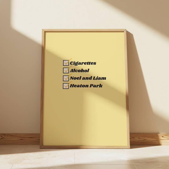 Yellow Cigarettes and Alcohol UK Location Oasis Print for wholesale by Laura Frances Heitzman