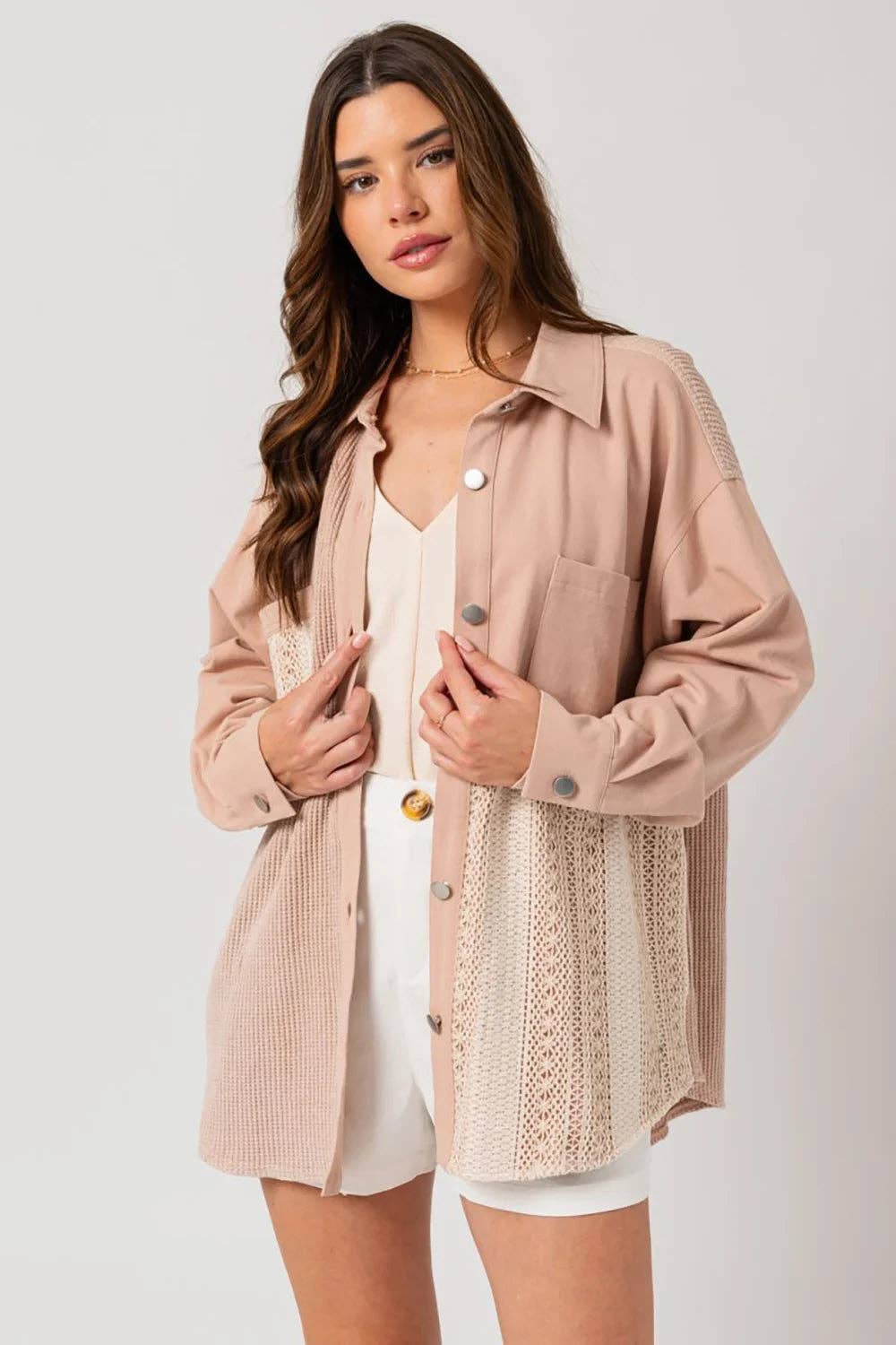 Dusty Blush Mixed Media Button Down Waffle Knit Shacket for wholesale on Faire3