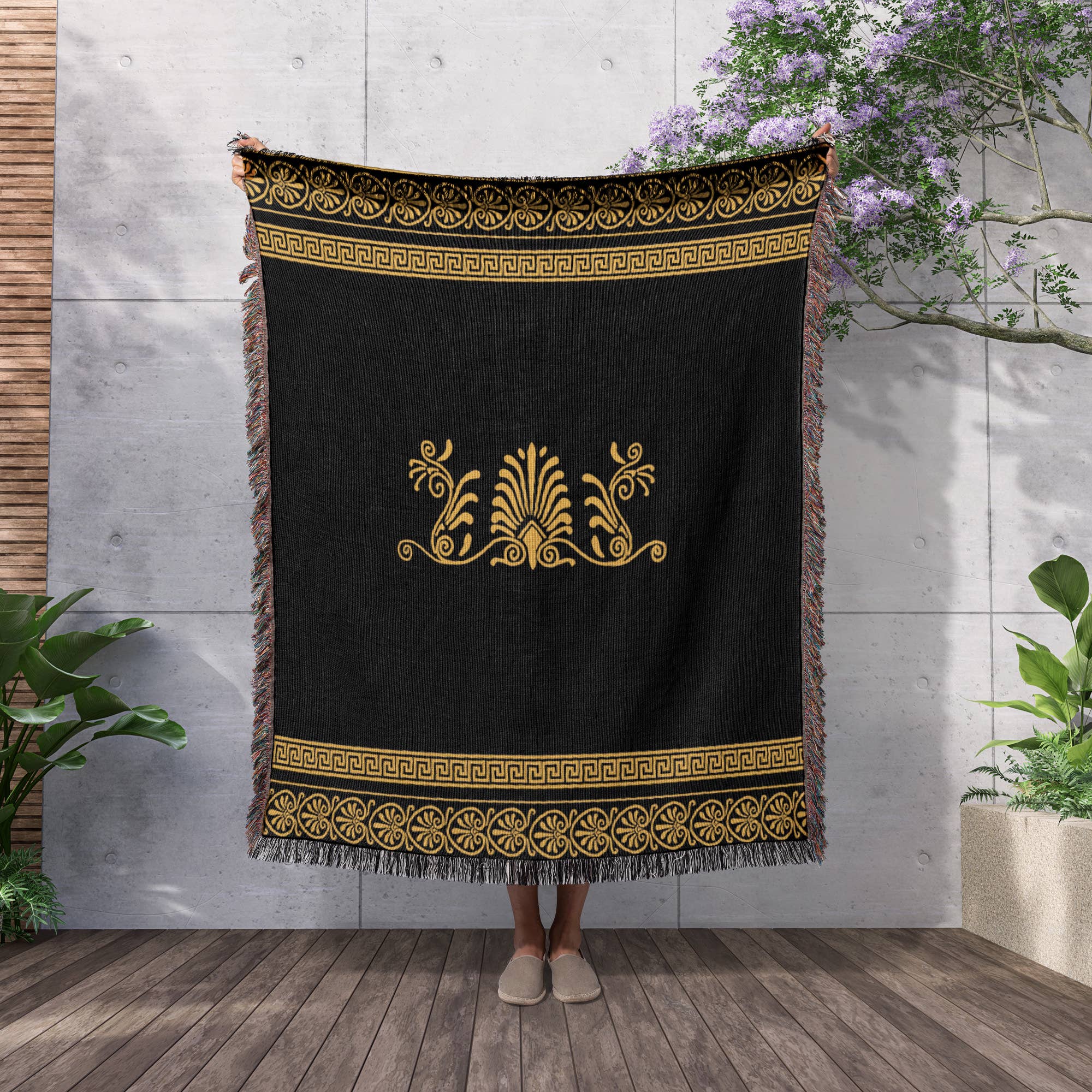 3dRose - Wholesale Throw Blanket - 3dRose, Golden Yellow and Black Ancient Greek Decorative Spirals and Palm Leaves - Classic Grecian Key, Blanket2