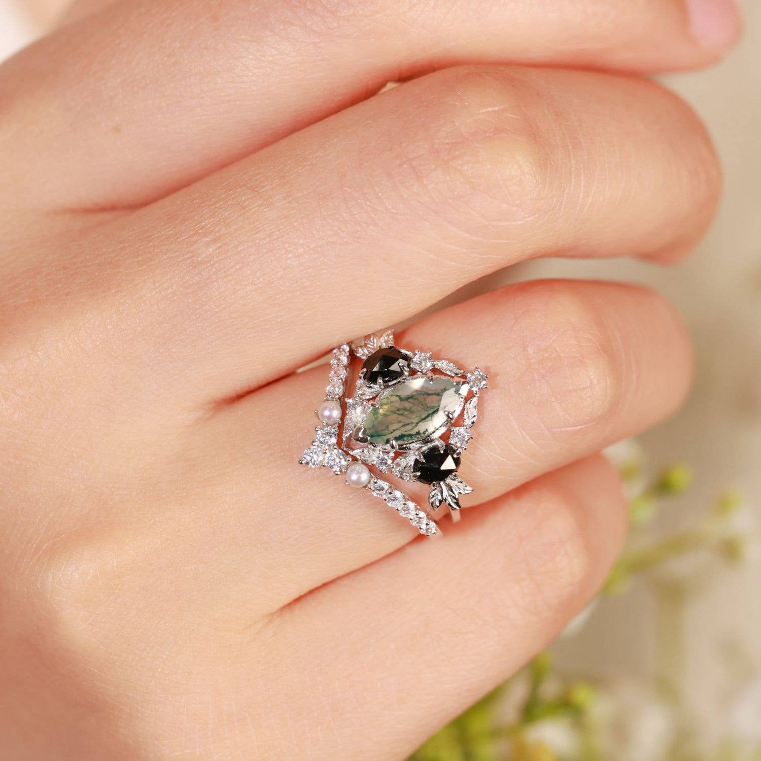 Azura Jewelry - Wholesale Cocktail/Statement Ring - Noctis Moss Agate Black Onyx Ring©5