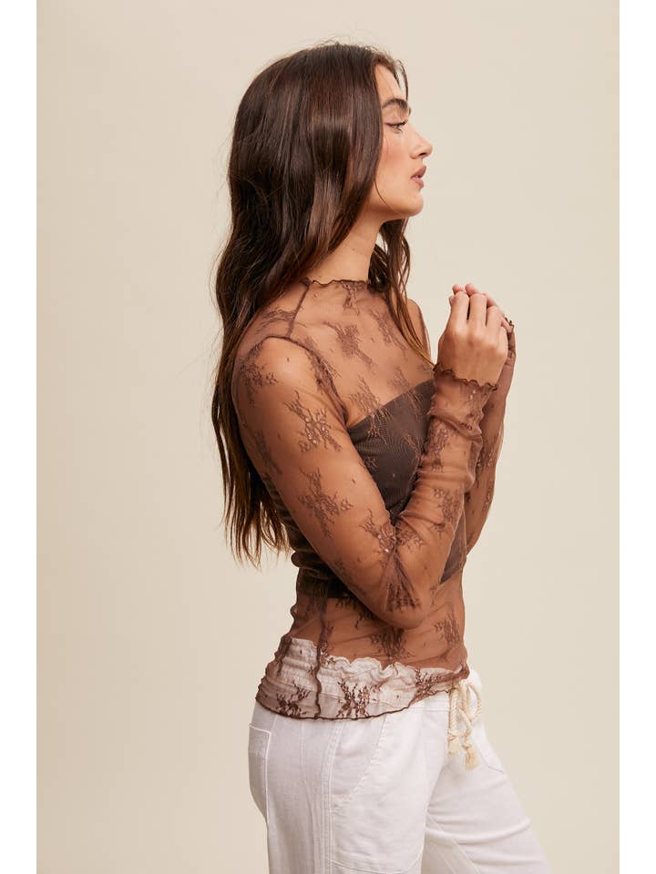 Listicle - Wholesale Blouse - Women's - Sheer Lace Long-Sleeve Top14