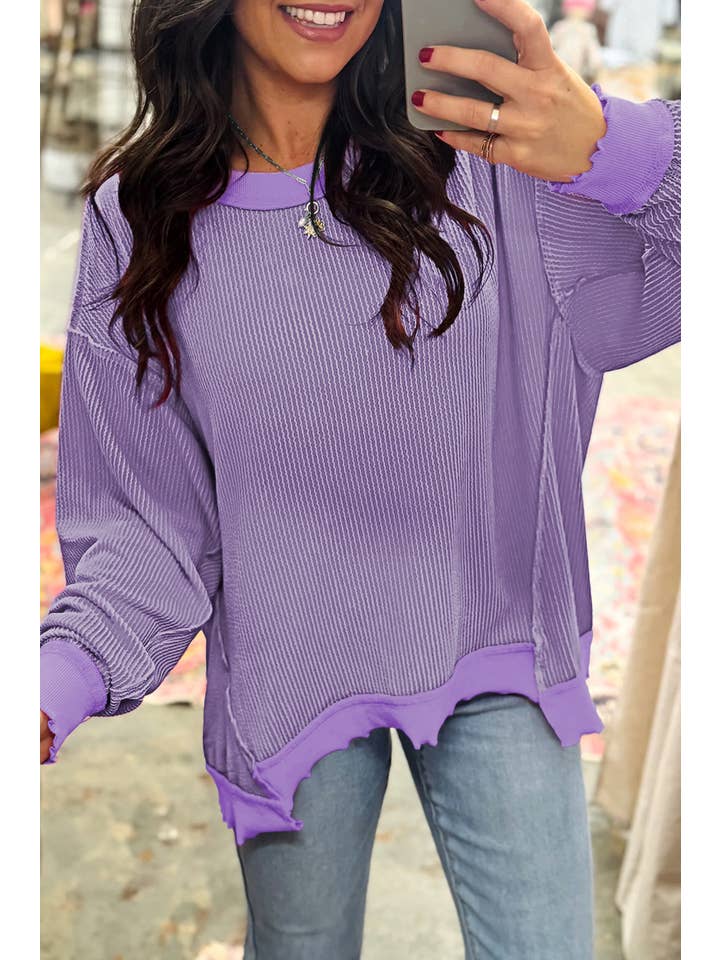 fashionworks - Wholesale Knit Top - Women's - Mardi Gras Twist Rib Uneven Hem Drop Shoulder Loose Knit Top1