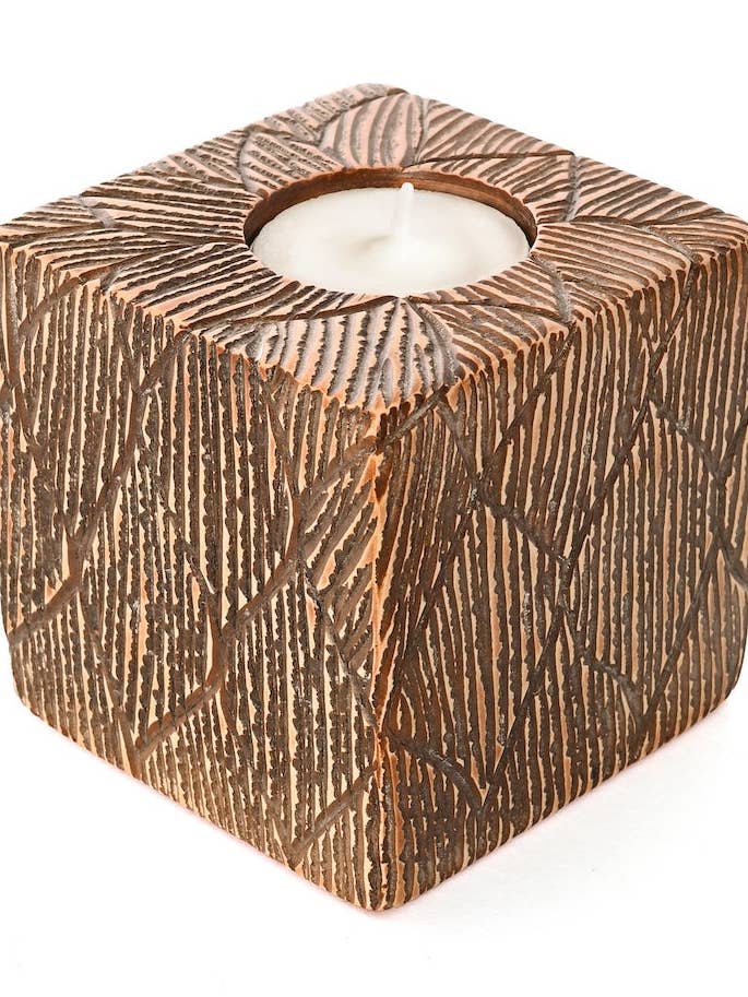 Etched Leaves 3" Cube Soapstone Tea Light Candle Holder for wholesale by Swahili | AFRICAN MODERN