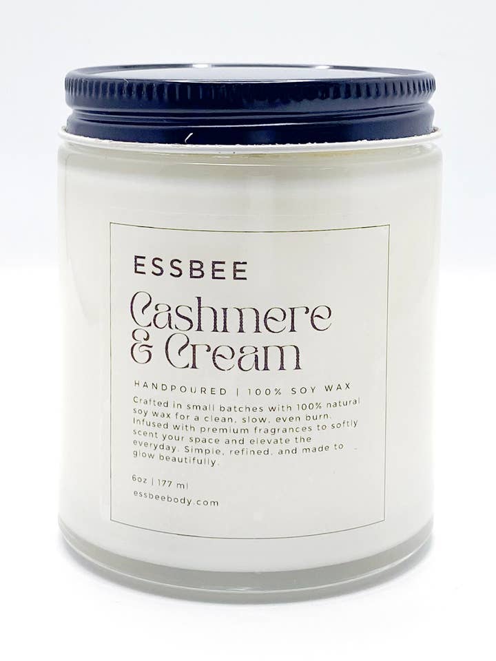 Cashmere & Cream Hand-poured 100% Soy Wax Candle for wholesale by Essbee Bath and Body